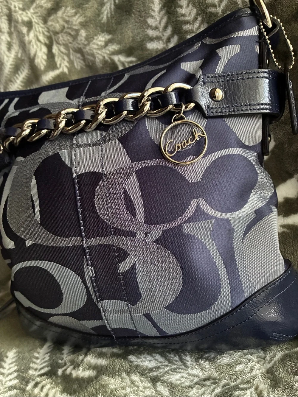 Coach Navy and Gray Signature Chain-Trim Shoulder Bag